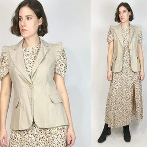 Khaki LINEN Button up Vest with FRILL Shoulders! Small to Medium